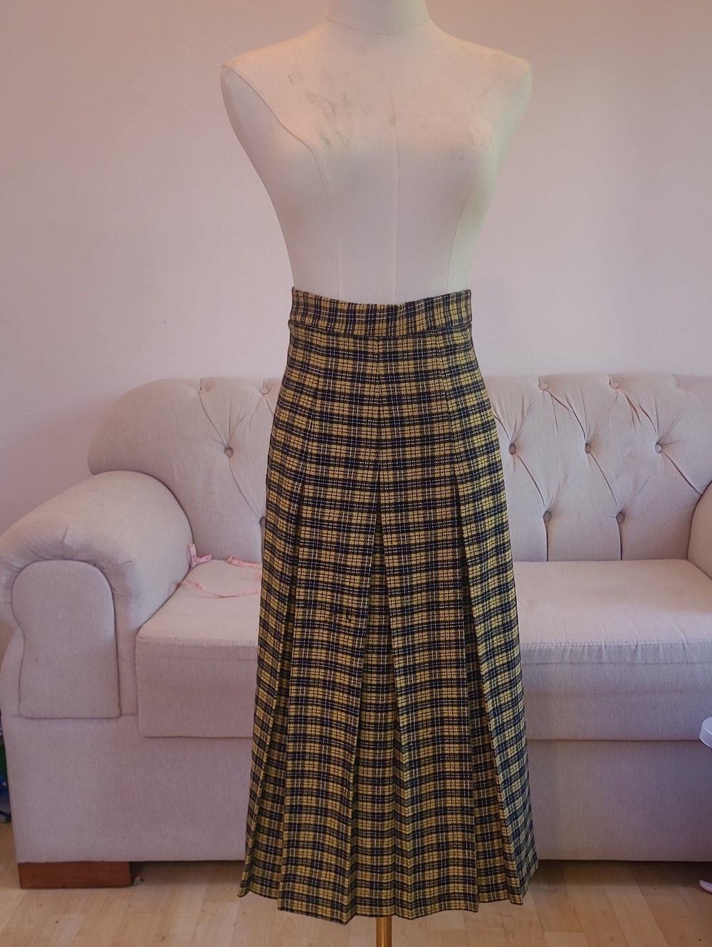 Wool Blend Wide Box Pleated Plaid A-Line Midi Skirt in Yellow and Black XS